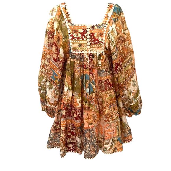 Zimmermann Chintz Billow Mini Dress Floral Crochet Long Sleeves Multi 2 Petite - Picture 2 of 9